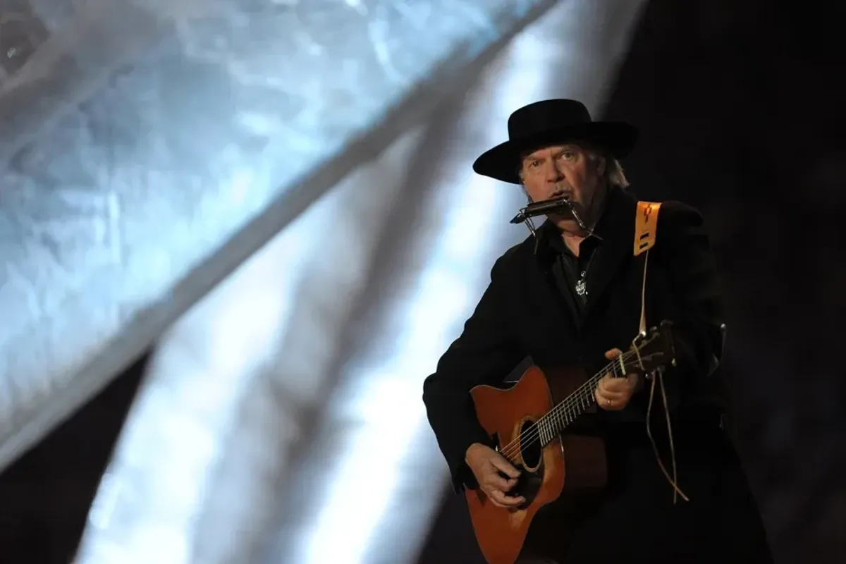 Neil Young performs during the closing ceremony of the 2010 Winter Olympics at BC Place on Feb. 28, 2010 in Vancouver, Canada.