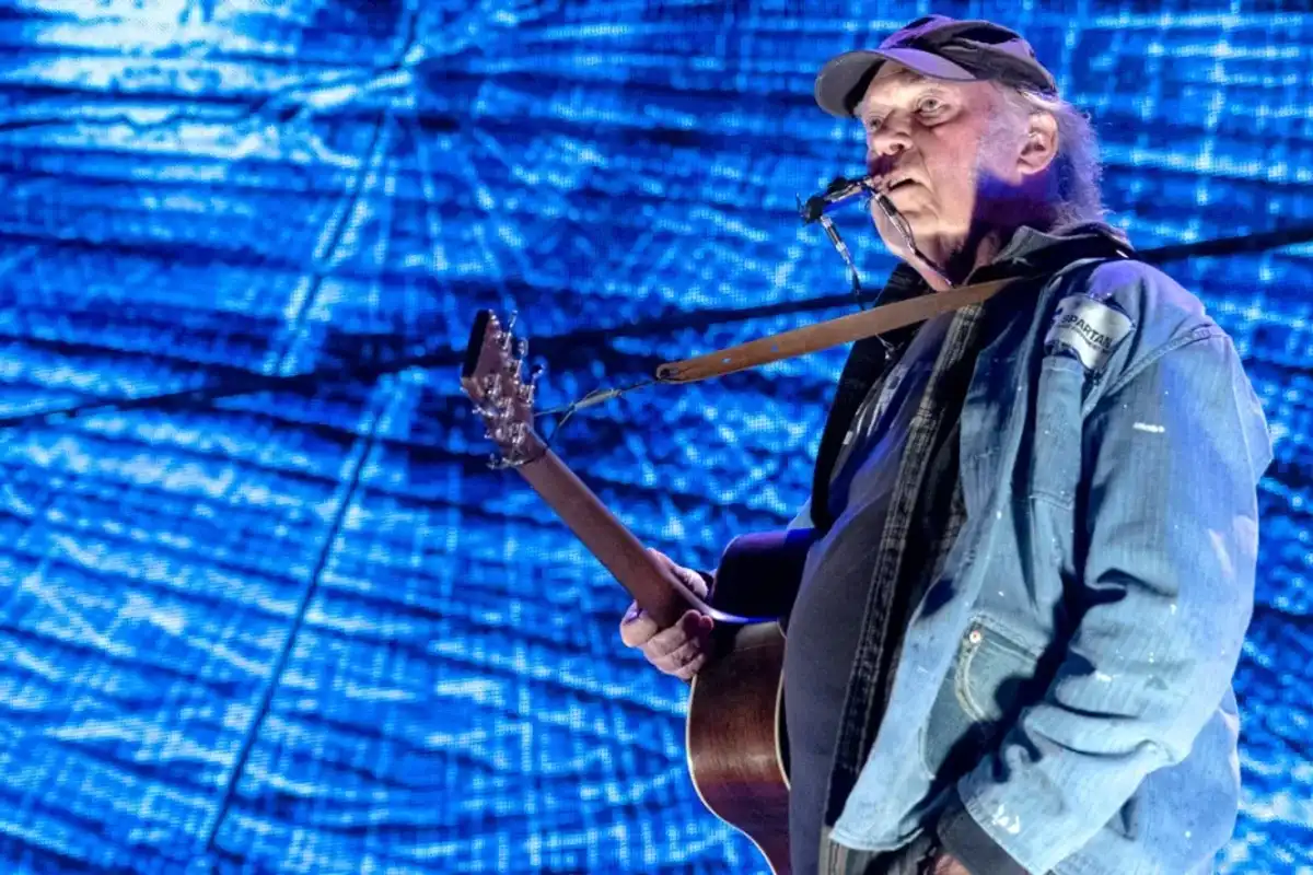 Neil Young performs in concert during Farm Aid at Ruoff Home Mortgage Music Center on Sept. 23, 2023 in Noblesville, Indiana.