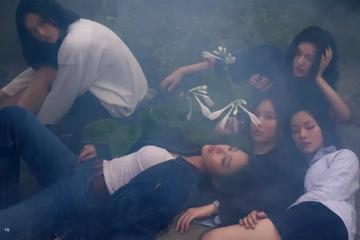 NewJeans. Clockwise from top left: Haerin, Danielle, Hanni, Hyein, Minji. Styling by Choi Yumi. Hair by Lee Hye Jin. Makeup by Lee Nakyeum. All wardrobe by Calvin Klein.