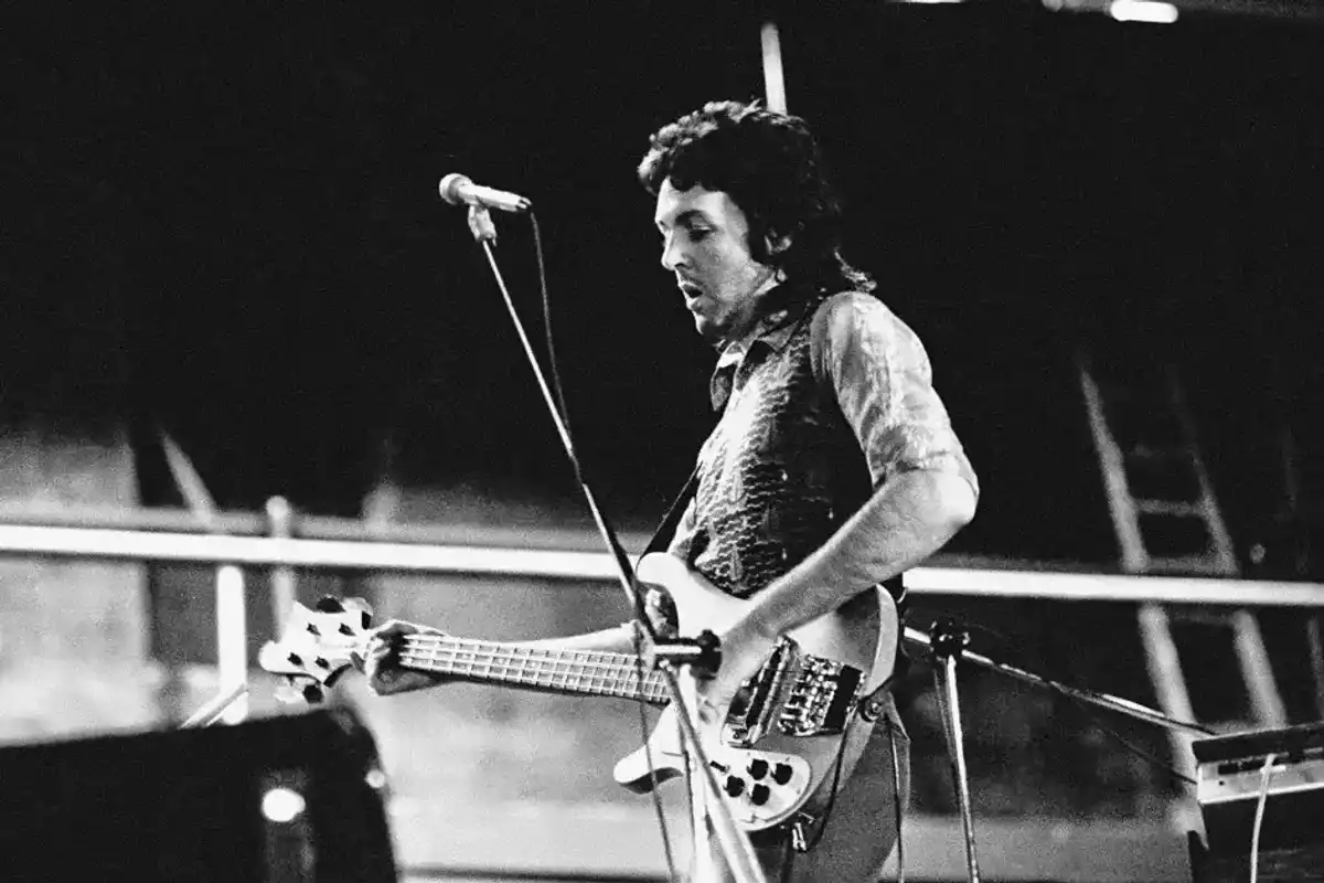 Paul McCartney rehearsing with his band Wings before their British Tour on April 7, 1973.