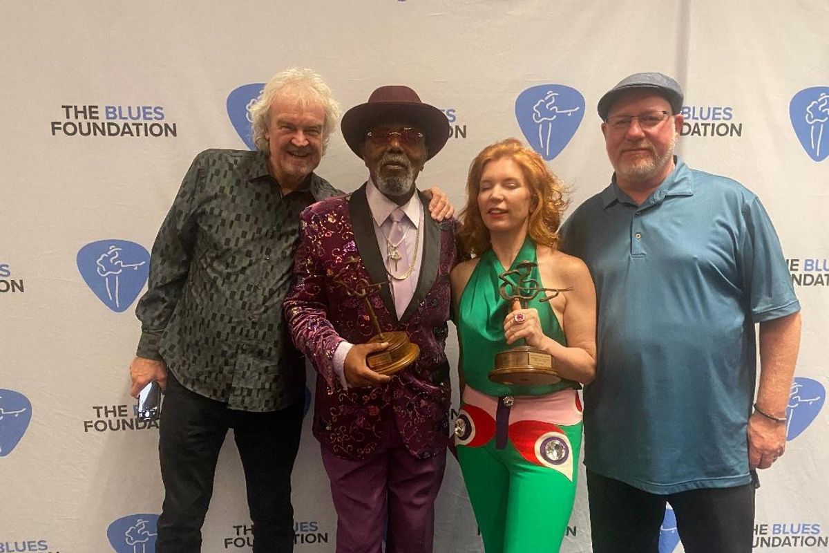 Pictured at Blues Music Awards: (l-r): Holger Petersen, Kenny Blues Boss Wayne, Sue Foley, Geoff Kulawick