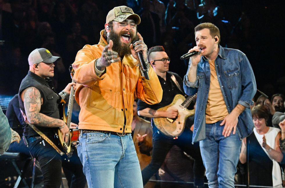 Post Malone and Morgan Wallen perform onstage during the 57th Annual CMA Awards at Bridgestone Arena on Nov. 8, 2023, in Nashville.