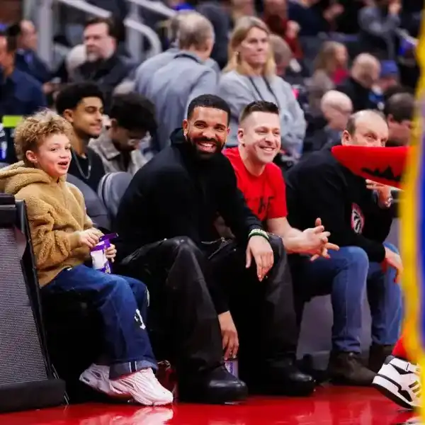Rapper Drake is seen courtside during first half a game between the Toronto Raptors and the Golden State Warriors at Scotiabank Arena on January 13, 2025 in Toronto, Canada.