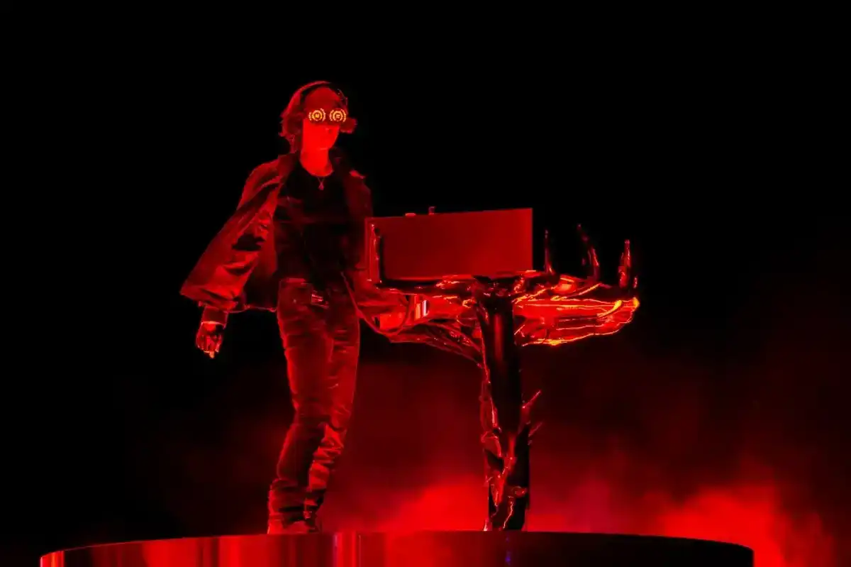 Rezz performs at the Sahara Tent during the 2026 Coachella Valley Music and Arts Festival on April 11, 2026 in Indio, California.