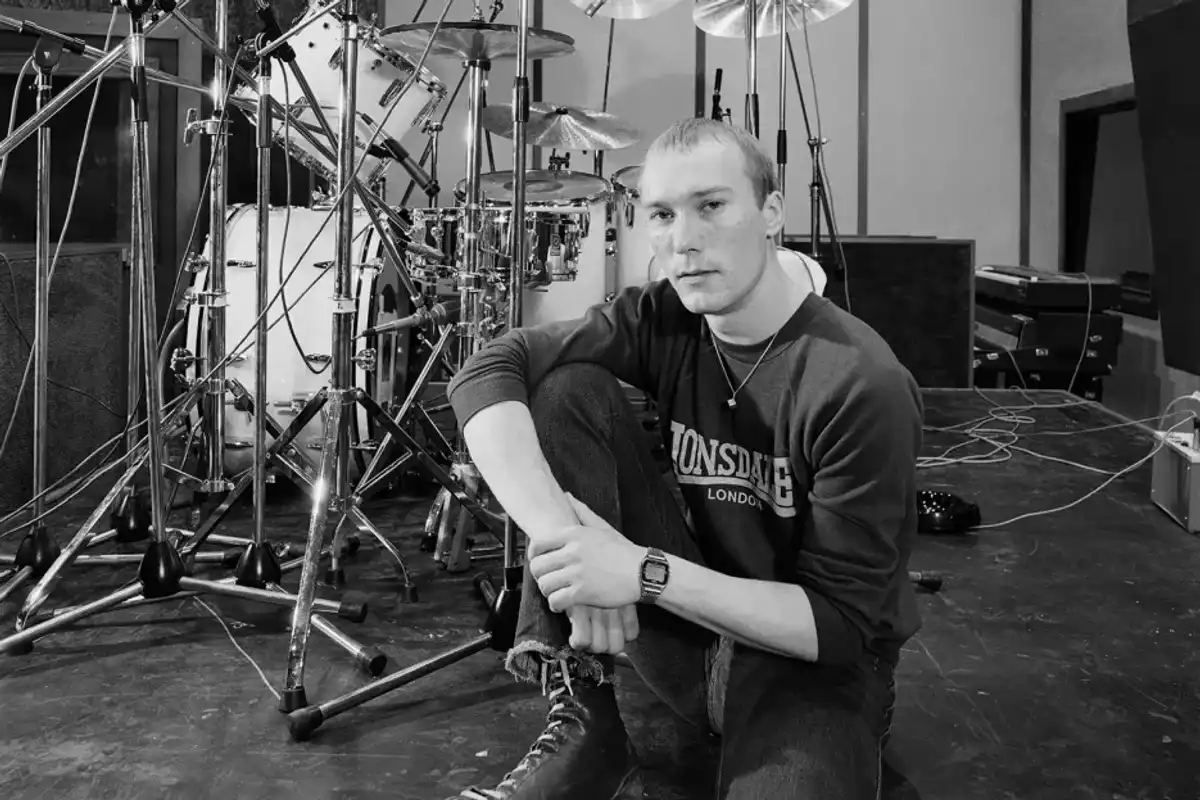 Rick Buckler from The Jam poses with his drum kit at Odyssey Studios in London in July 1982.