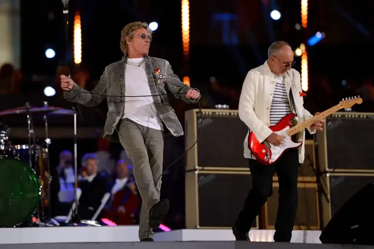Roger Daltrey and Pete Townshend of The Who perform during the Closing Ceremony on Day 16 of the London 2012 Olympic Games at Olympic Stadium on August 12, 2012 in London, England.