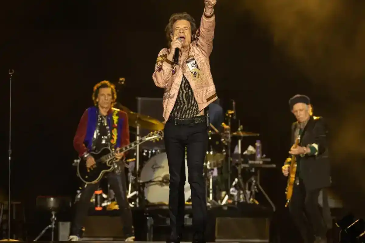 Ronnie Wood, Mick Jagger and Keith Richards of The Rolling Stones of The Rolling Stones perform onstage during the No Filter Tour at SoFi Stadium on Octover 14, 2021 in Inglewood, California.
