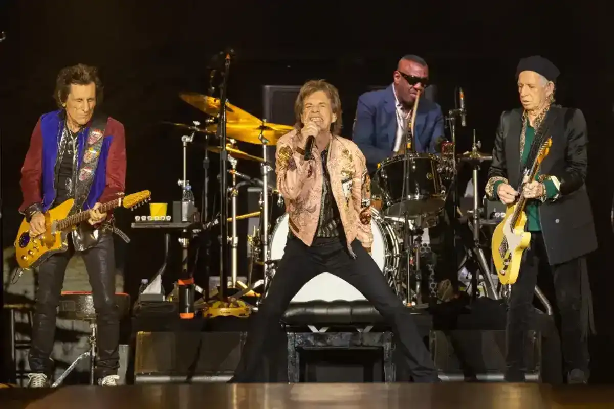 Ronnie Wood, Mick Jagger and Keith Richards of The Rolling Stones perform on stage during the No Filter Tour at SoFi Stadium on Oct. 14, 2021, in Inglewood, Calif.