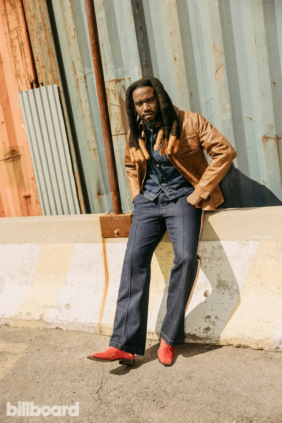 RRL leather jacket, Huey Lewis denim jacket, Wales Bonner pants and shoes.