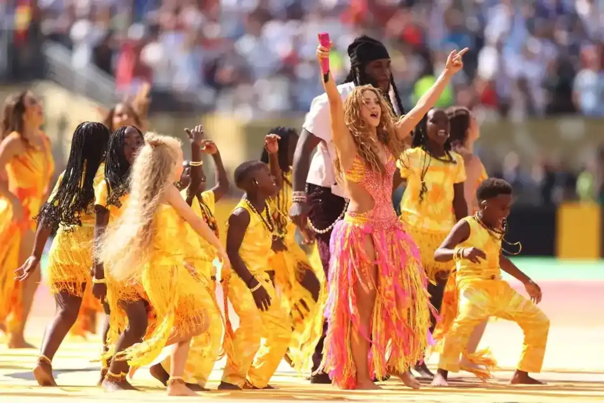 Shakira performs during the Topps Final Halftime Show the FIFA World Cup 2026 Final match between Spain and Argentina at New York New Jersey Stadium on July 19, 2026, in East Rutherford, N.J.