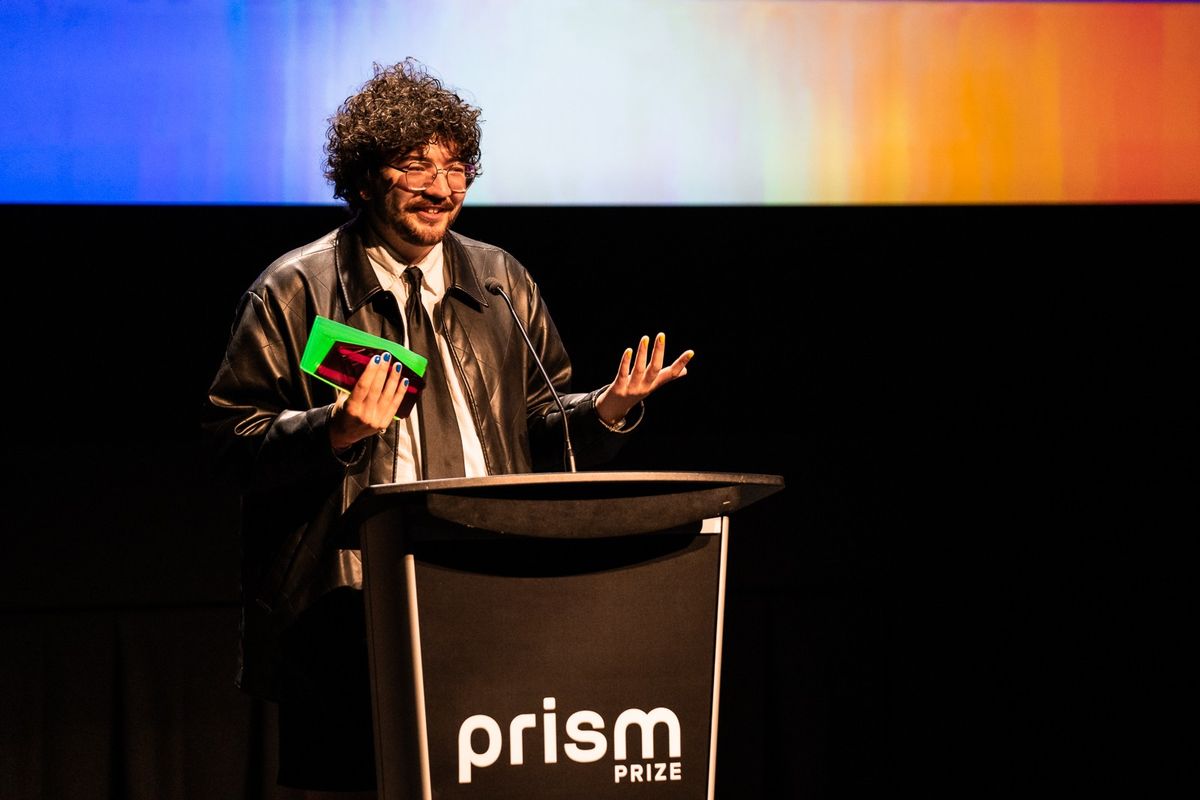 Sterling Larose accepting the 2023 Prism Prize for Snotty Nose Rez Kids’ “Damn Right."