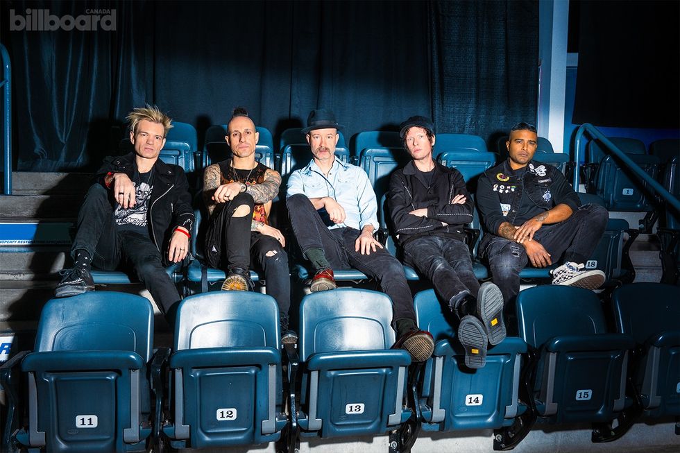 Sum 41 photographed by Lane Dorsey on Jan. 27, 2025 at Canada Life Place in London, Ontario. Left to right: Deryck Whibley, Frank Zummo, Tom Thacker, Jason "Cone" McCaslin, Dave "Brownsound" Baksh