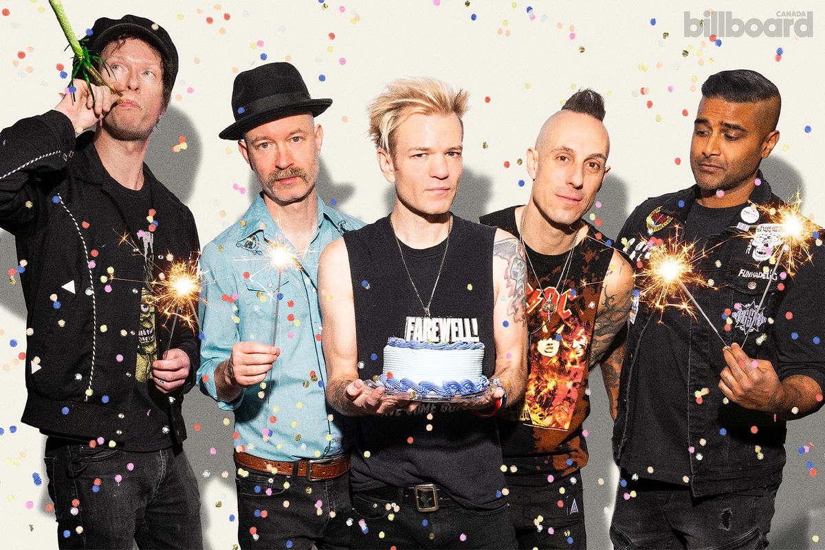 Sum 41 photographed by Lane Dorsey on Jan. 27, 2025 at Canada Life Place in London, Ontario. Left to right: Jason "Cone" McCaslin, Tom Thacker, Deryck Whibley, Frank Zummo, Dave "Brownsound" Baksh.