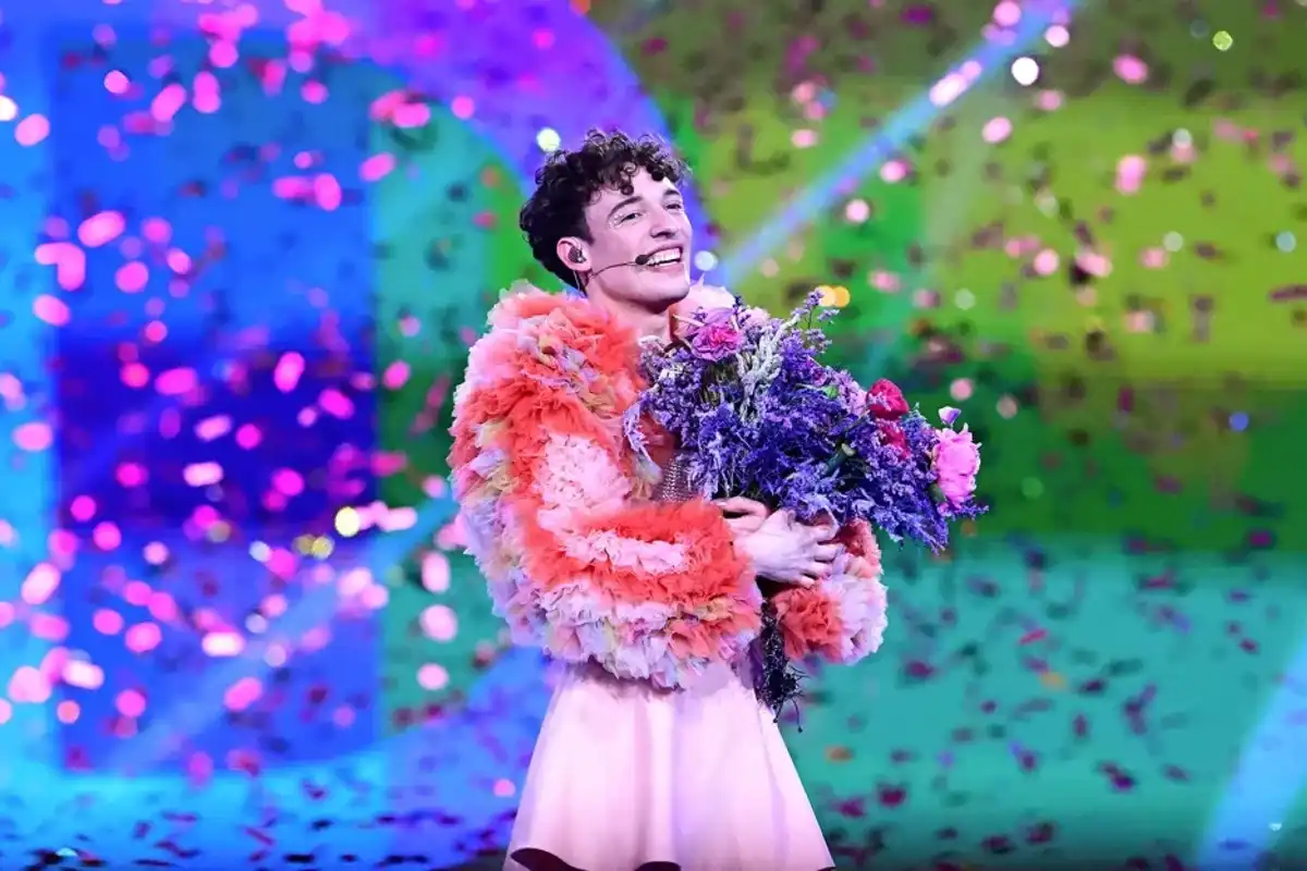 Swiss singer Nemo representing Switzerland with the song "The Code" celebrates on stage after winning the final of the 68th Eurovision Song Contest (ESC) 2024 on May 11, 2024, at the Malmo Arena in Malmo, Sweden.