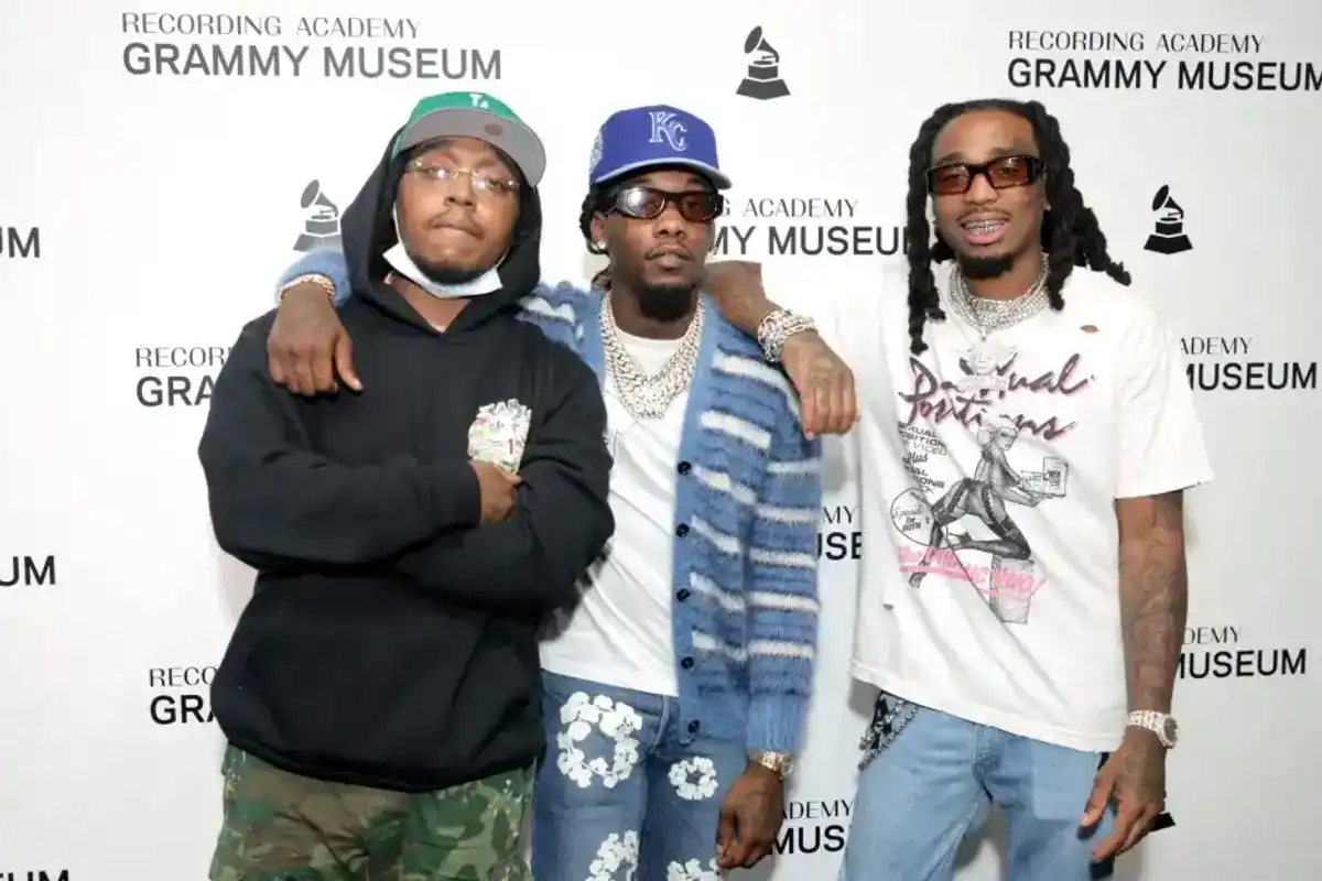 Takeoff, Offset and Quavo of Migos attend A Conversation with Migos at The GRAMMY Museum on September 22, 2021 in Los Angeles, California.