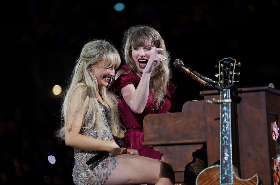 Taylor Swift and Sabrina Carpenter perform onstage during night two of The Eras Tour at Caesars Superdome on Oct. 26, 2024 in New Orleans, Louisiana.