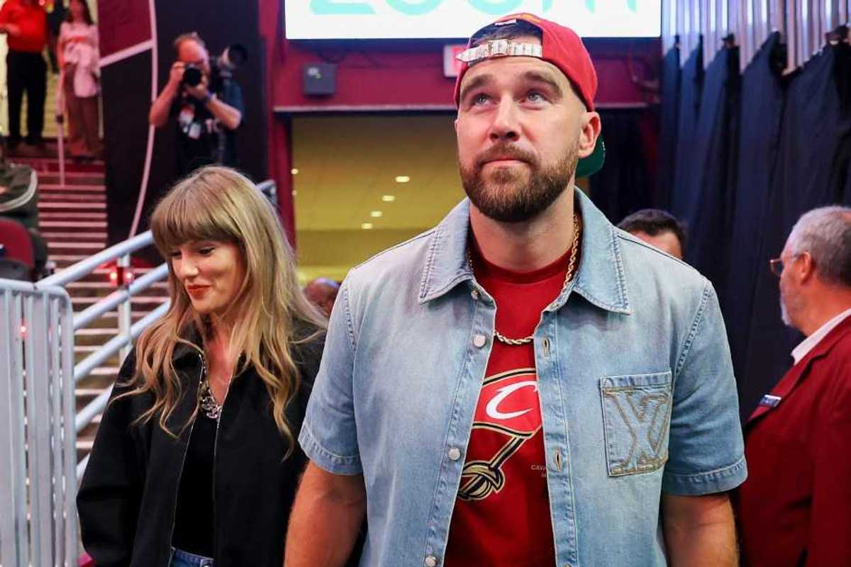 Taylor Swift and Travis Kelce attend a New York Knicks and Cleveland Cavaliers game in the NBA Eastern Conference Finals at Rocket Arena on May 23, 2026 in Cleveland, Ohio.