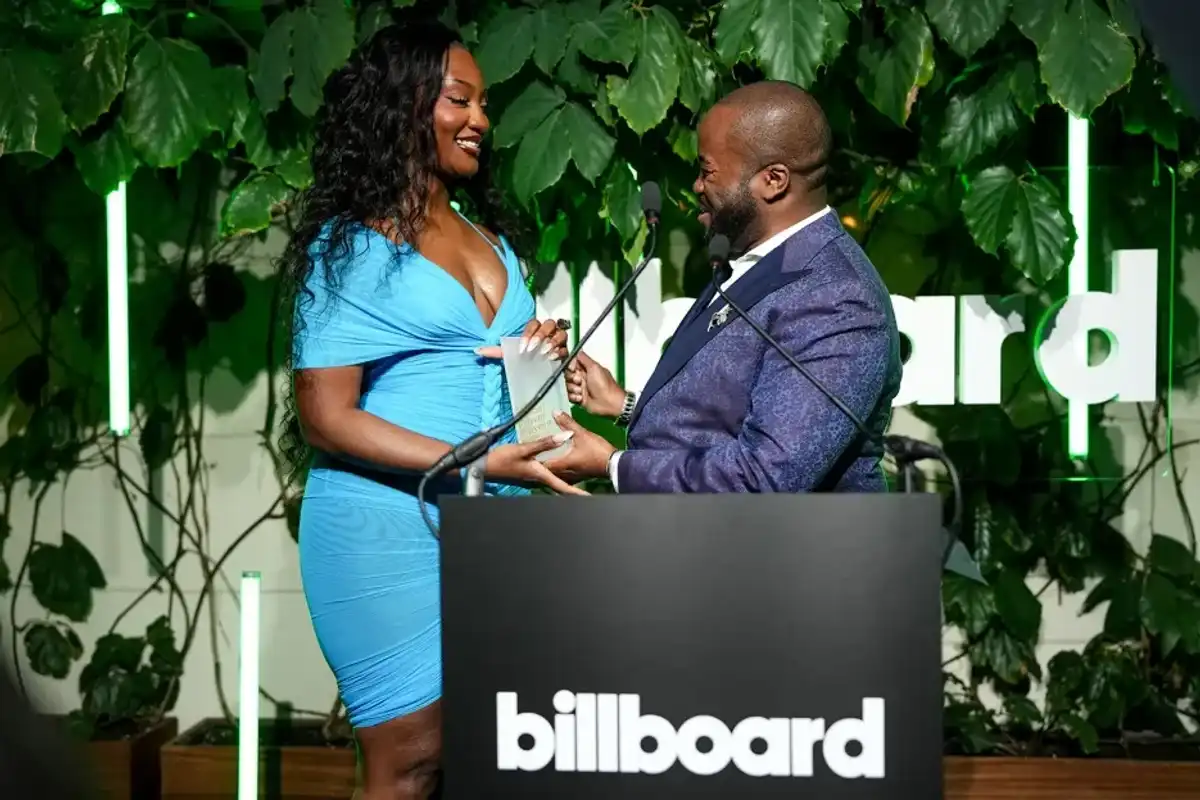 Tems and Nkosiyati Khumalo at the Billboard Global Power Players party held at the Shoreditch House on June 04, 2025 in London, England.