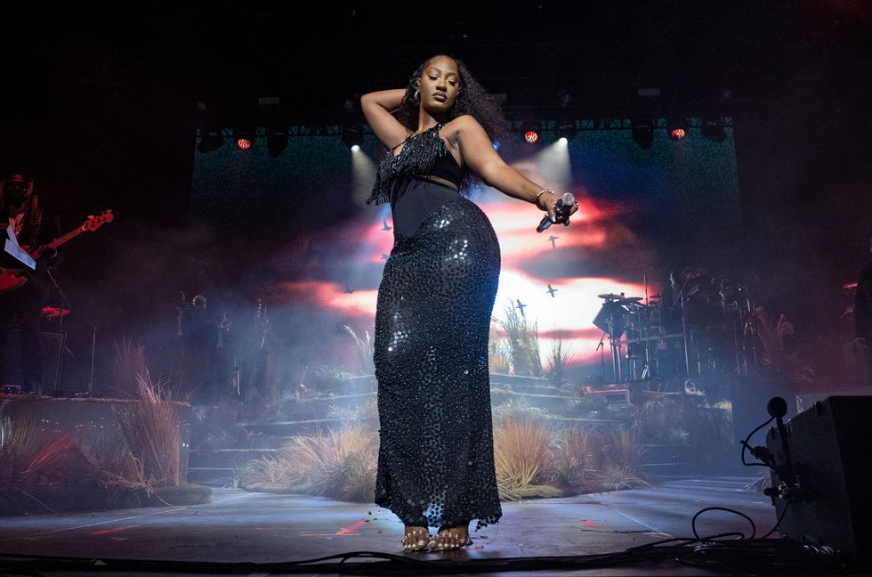 Tems performs onstage in the Mojave tent at the 2024 Coachella Valley Music and Arts Festival at Empire Polo Club on April 14, 2024 in Indio, Calif.
