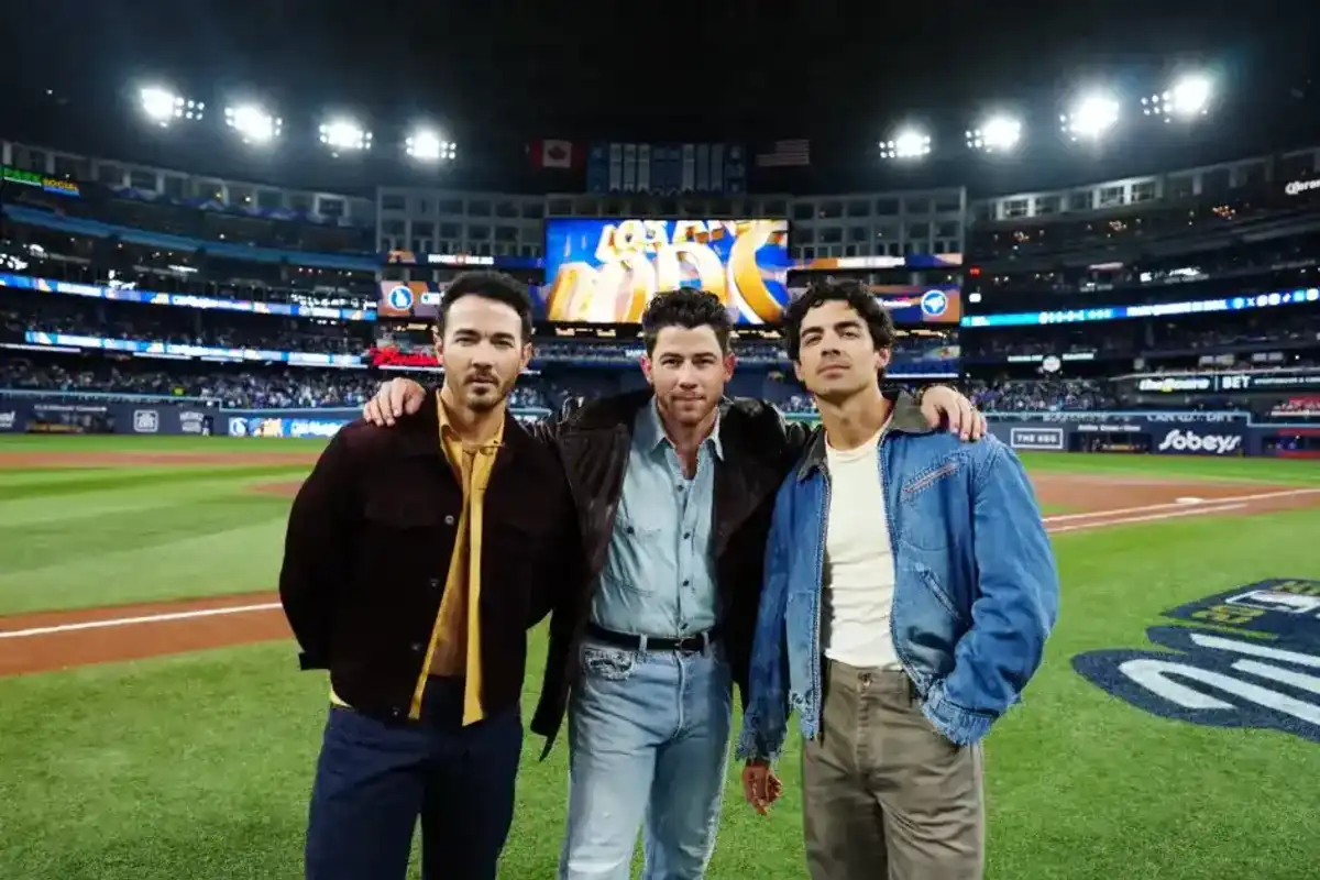 The Jonas Brothers look on prior to Game Two of the 2025 World Series presented by Capital One between the Los Angeles Dodgers and the Toronto Blue Jays at Rogers Centre on Saturday, October 25, 2025 in Toronto, Ontario, Canada.