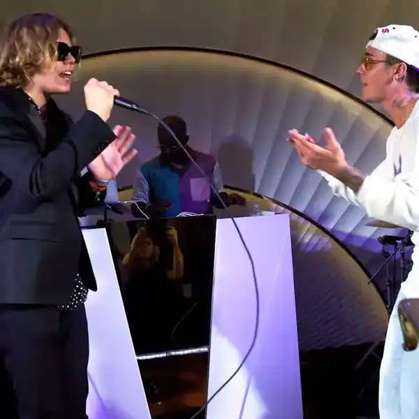 The Kid LAROI and Justin Bieber attends h.wood Group's grand opening of Delilah at Wynn Las Vegas on July 10, 2021, in Las Vegas.