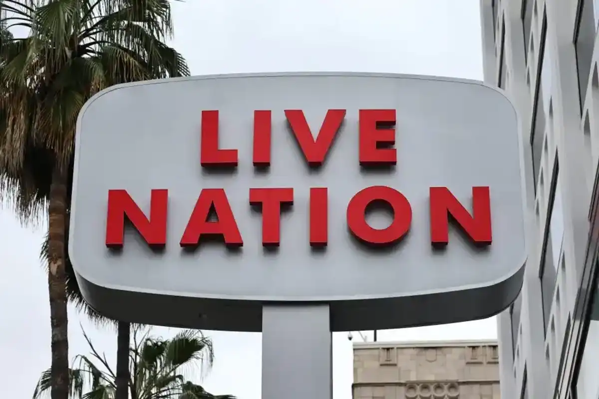 The Live Nation logo is displayed at its corporate office in Hollywood, California.