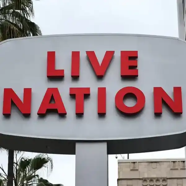 The Live Nation logo is displayed at its corporate office in Hollywood, California.