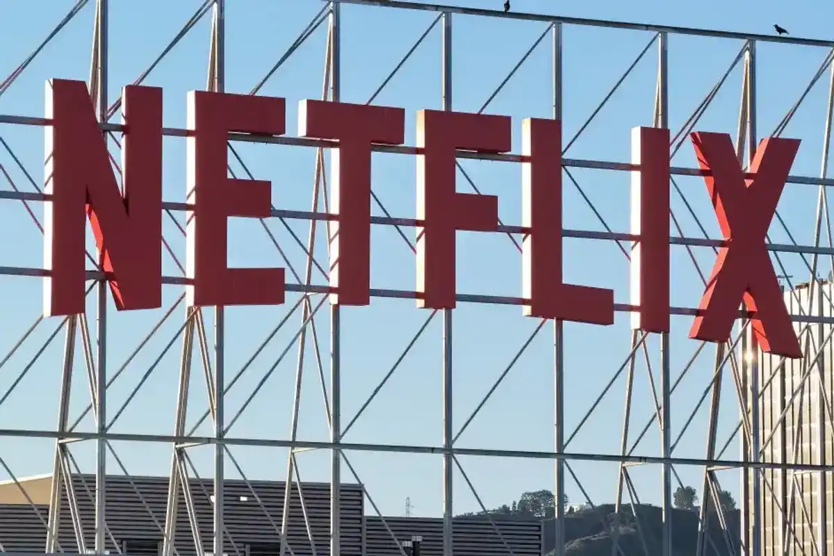 The Netflix logo is displayed above Netflix corporate offices on December 5, 2025 in Los Angeles, California.