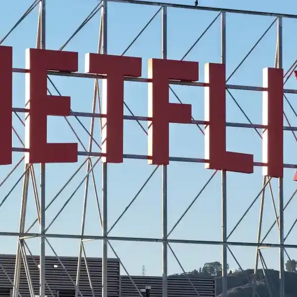 The Netflix logo is displayed above Netflix corporate offices on December 5, 2025 in Los Angeles, California.
