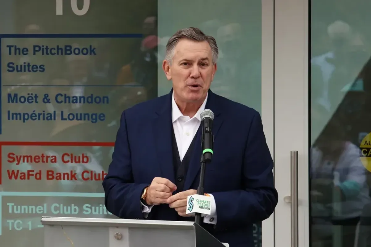 Tim Leiweke speaks at the ceremonial ribbon cutting prior to tomorrow's opening night for the NHL's newest hockey franchise the Seattle Kraken at the Climate Pledge Arena on October 22, 2021 in Seattle, Washington.