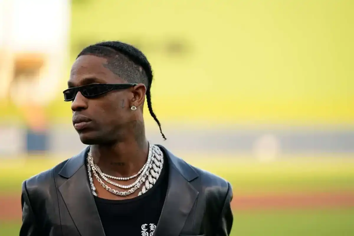 Travis Scott looks on prior to throwing the opening pitch for a game between the Washington Nationals and the Houston Astros at CACTI Park of the Palm Beaches on Feb. 24, 2024 in West Palm Beach, Florida.