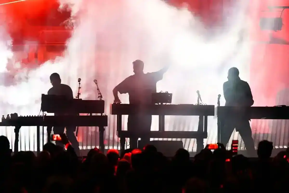 Trent Reznor, Boys Noize, and Atticus Ross perform during the World Premiere of Disney's 'Tron: Ares' at the TCL Chinese Theater in Hollywood, Calif., on Oct. 6, 2025.