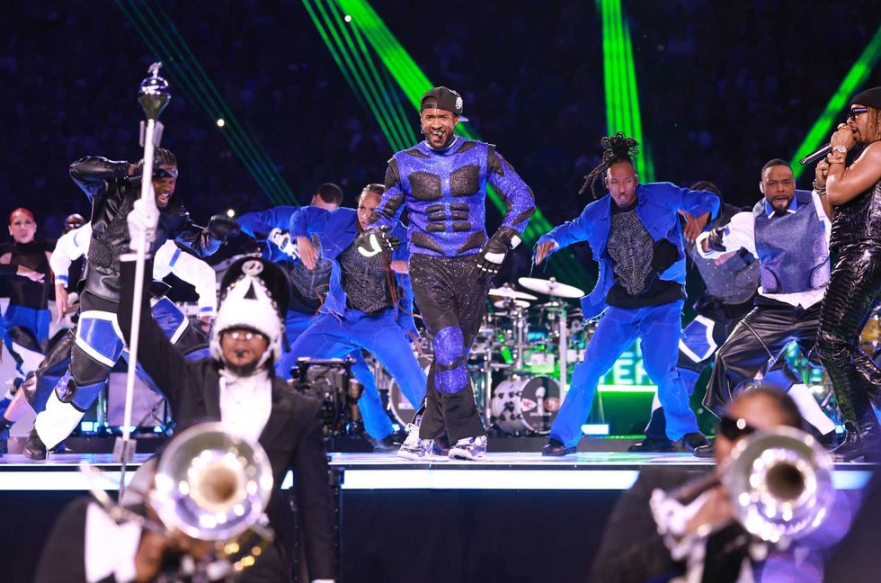 Usher and Lil Jon perform onstage during the Apple Music Super Bowl LVIII Halftime Show at Allegiant Stadium on Feb. 11, 2024 in Las Vegas.