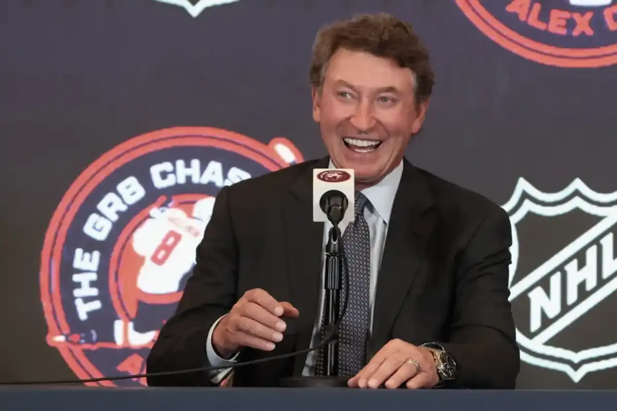 Wayne Gretzky speaks with the media after the game between the Washington Capitals and the Chicago Blackhawks at Capital One Arena on April 04, 2025 in Washington, DC.
