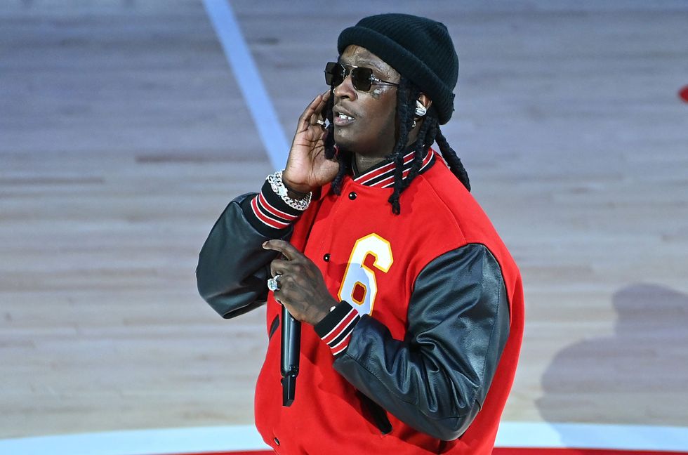 Young Thug performs at halftime during the Boston Celtics v Atlanta Hawks game at State Farm Arena on November 17, 2021 in Atlanta.