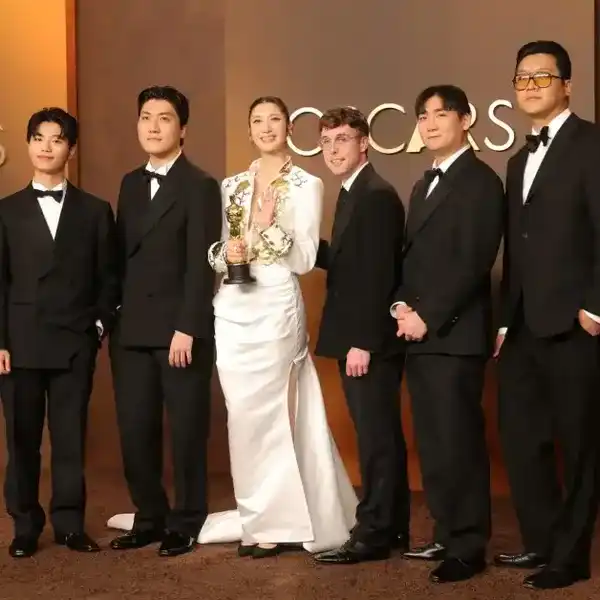 Yuhan, ZHUN, EJAE, Mark Sonnenblick, NHD, and 24, winners of the Best Original Song for "Golden" from “KPop Demon Hunters", pose in the press room during the 98th Oscars at Dolby Theatre on March 15, 2026 in Hollywood, California.